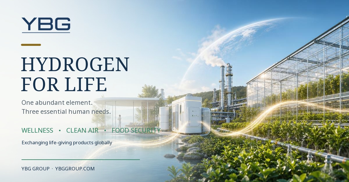 Glasshouse, industrial hydrogen equipment, and Earth connected by a flowing light trail